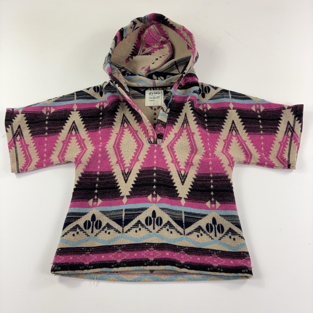 Dylan Sweater Womens XS Pink Hooded V Neck Aztec Knit Short Sleeve Pullover Boho